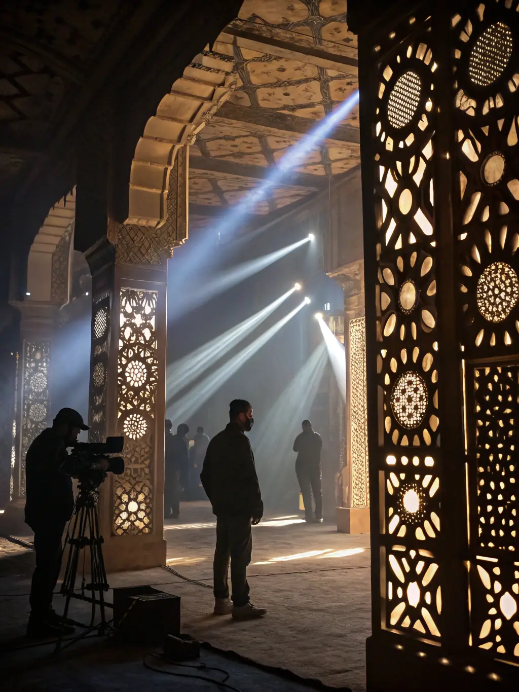 An image of a scenographic installation seamlessly integrated into a historical building, highlighting the blend of art and heritage.