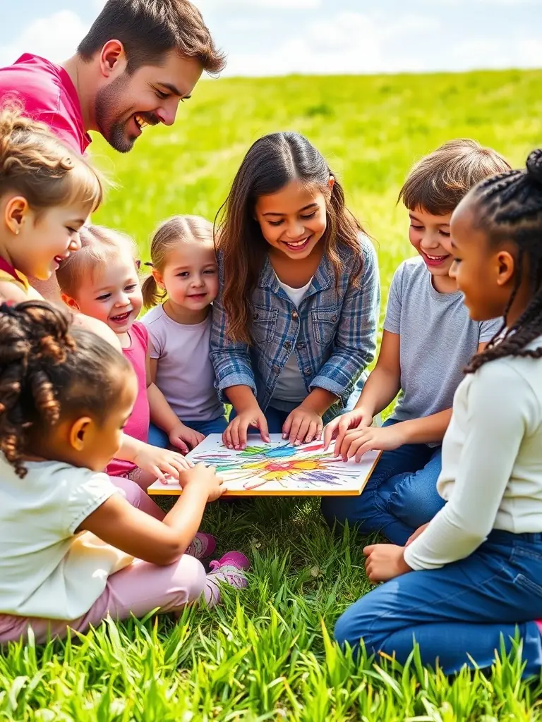 A vibrant photograph capturing children participating in a PASSE-VUE workshop, creating art installations in a local park, showcasing community engagement and creative learning.