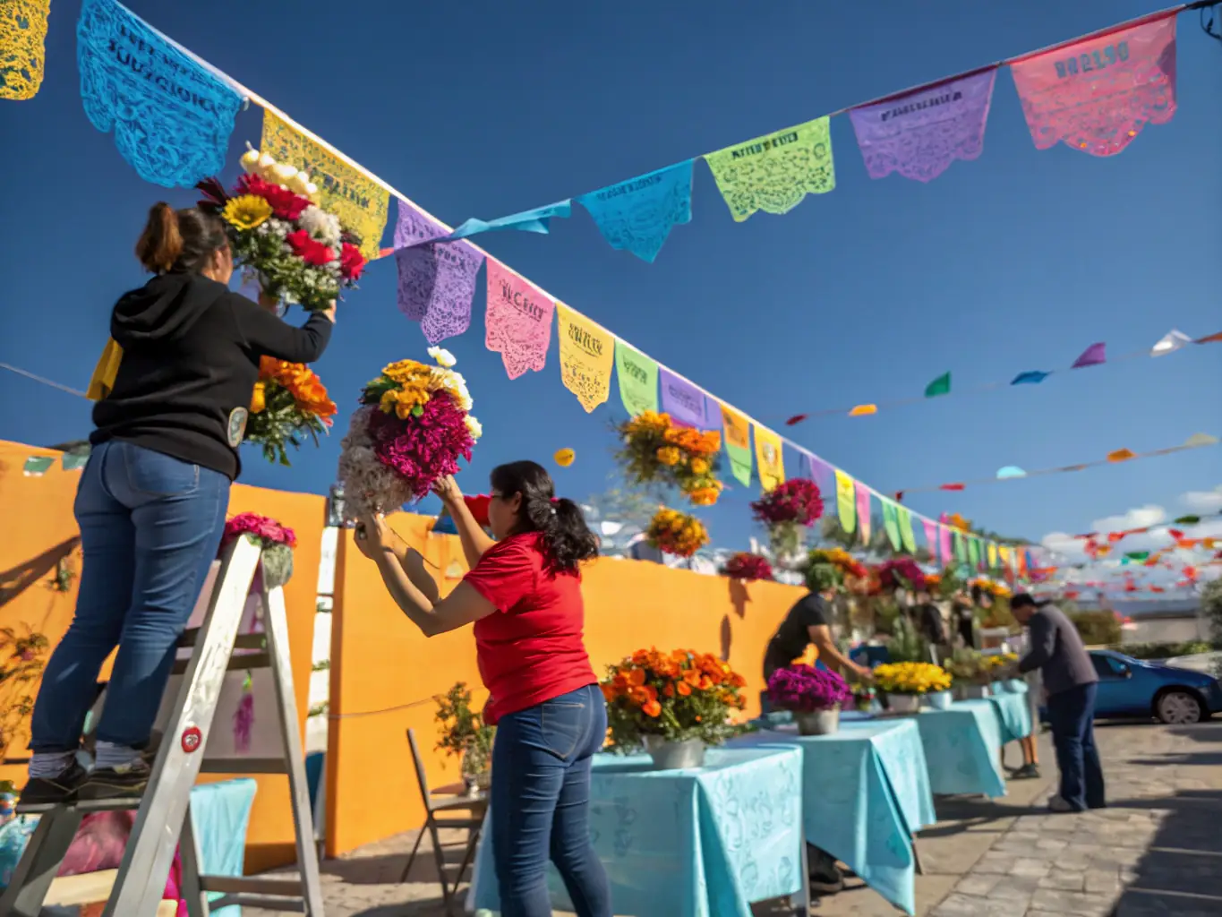 A photograph of PASSE-VUE volunteers working alongside community members to set up a scenographic installation for a local festival, highlighting the organization's commitment to community participation and collaboration.