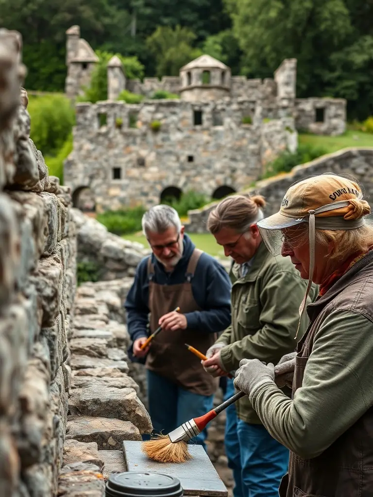 A photograph of volunteers constructing a scenographic installation at a local heritage site, showcasing community involvement and the hands-on nature of PASSE-VUE's work.