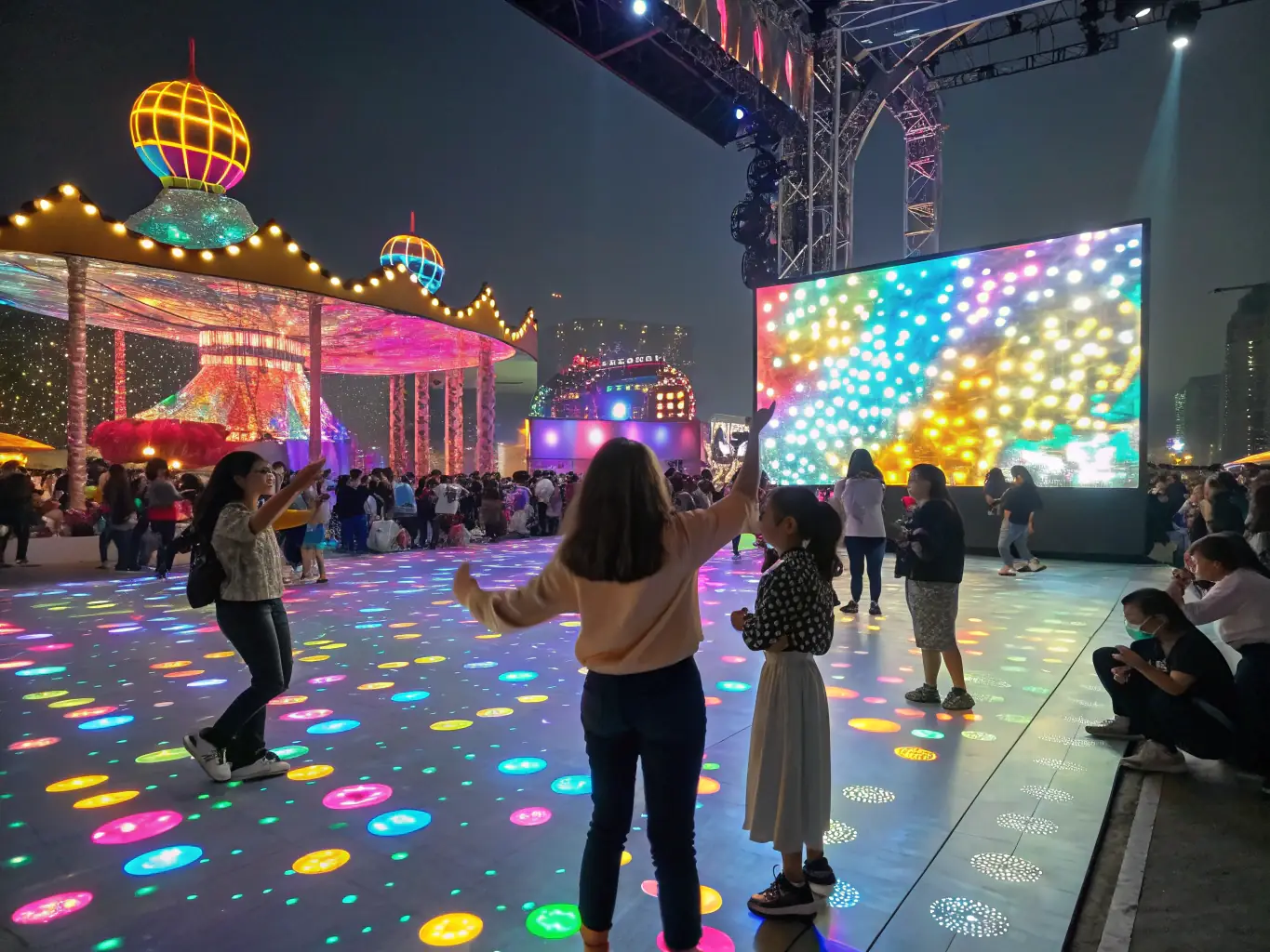 An image depicting a diverse group of people enjoying a PASSE-VUE scenographic installation at night, with the heritage site beautifully illuminated, emphasizing the organization's role in enhancing cultural appreciation and tourism.
